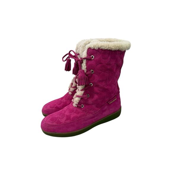COACH Women's Tuesday Fuchsia Pink Logo Embossed Suede Sherpa Boots A7408 9B - Picture 1 of 10